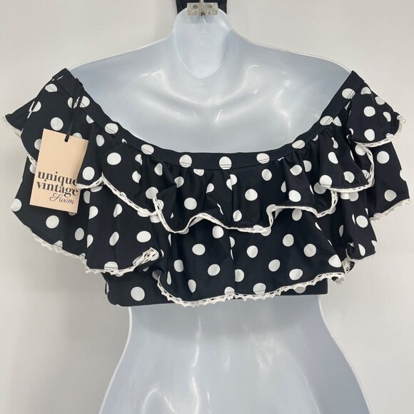 Unique Vintage Swim Off Shoulder Polka Dot Ruffle Bikini Top Size Large - Picture 4 of 8